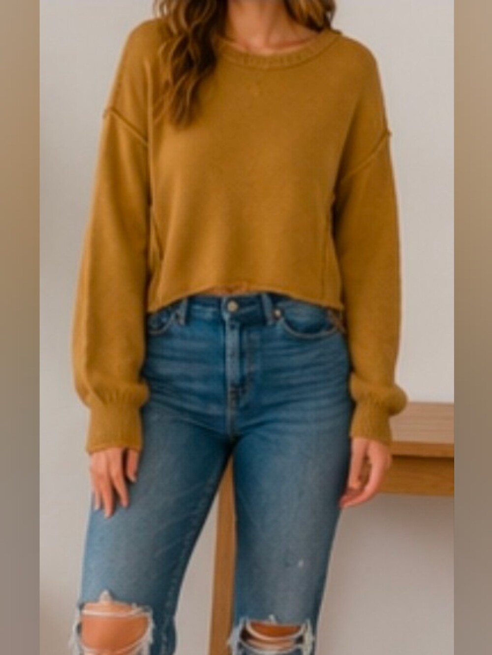 By Together Camel Boxy Cropped Knit Sweater Raw Seam Oversized Small